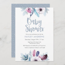 Baby Shower Einladung blaue lila Blumenfedern