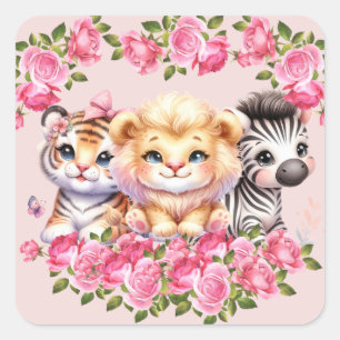 Baby-Shower-Einladung für Mädchen mit rosa wilden  Quadratischer Aufkleber