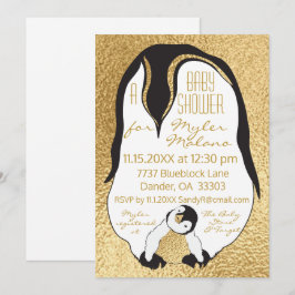 Baby Shower Einladung Gold Baby & Mommy Penguin