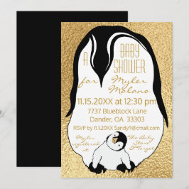 Baby Shower Einladung Gold Baby & Mommy Pinguine