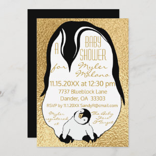 Baby Shower Einladung Gold Baby & Mommy Pinguine