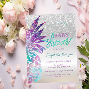 Baby Shower Einladung mit Ananas Silber Glitter Bo