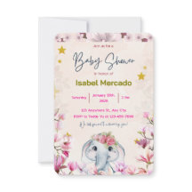 Baby-Shower-Einladung mit floralem Elefanten.