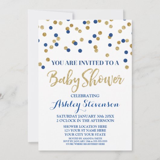 Baby Shower Einladung Navy Blue Gold Confetti (Rückseite)