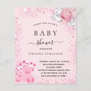 Baby-Shower-Einladung rosa Teddybär Mädchen Budget Flyer