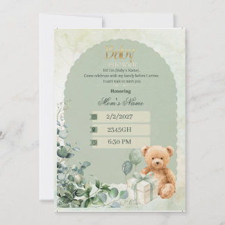 Baby Shower Einladung| Salbeigrüner Teddybär Baby Einladung