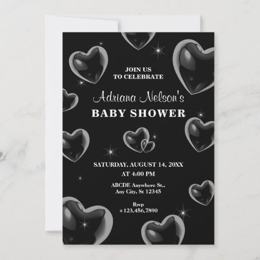 BABY SHOWER Einladung zu Black Hearts bubble (Vorderseite)