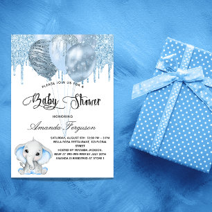 Baby-Shower Elefant Junge blaue Ballons Einladungspostkarte