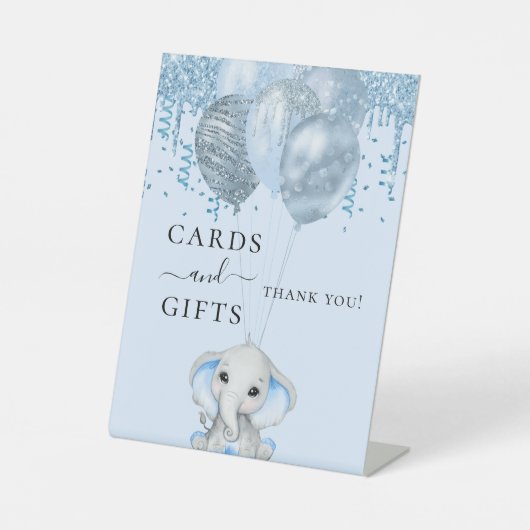 Baby Shower Elefant Junge blauen Ballons Karten Ge Sockelschild (Vorderseite)