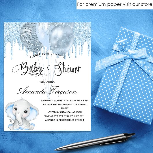 Baby Shower Elefant Junge Blue Einladung Flyer