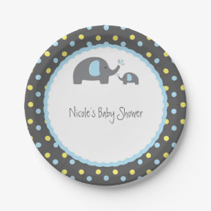 Baby Shower Elefanten Blau Grau & Gelb Pappteller