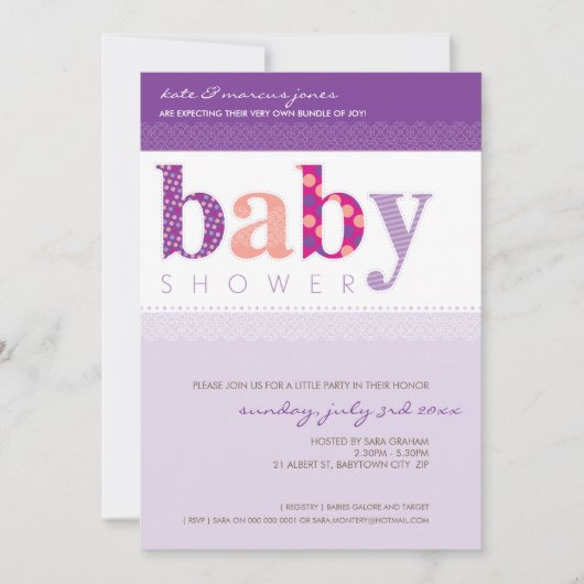 BABY SHOWER ERSUCHT :: Baby gemustert letters 2P Einladung (Vorderseite)