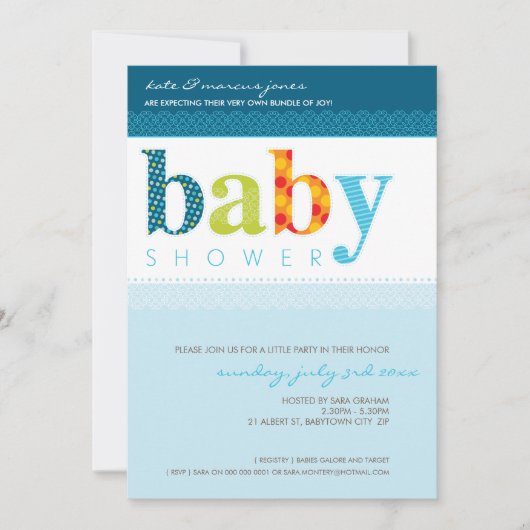 BABY SHOWER ERSUCHT :: Baby gemustert letters 4P Einladung (Vorderseite)