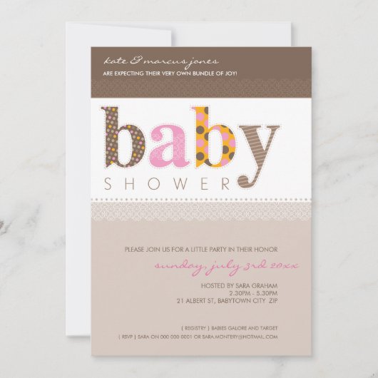 BABY SHOWER ERSUCHT :: Baby gemustert letters 5P Einladung (Vorderseite)