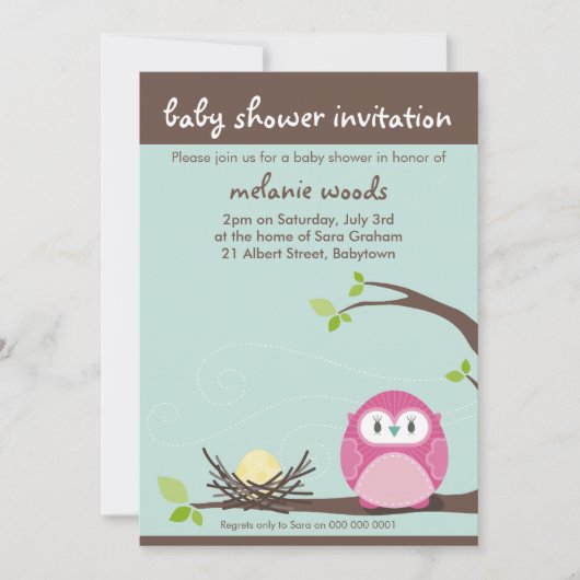 BABY SHOWER ERSUCHT :: Eule + Nest 1P Einladung (Vorderseite)