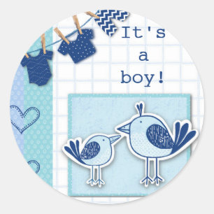 Baby Shower Es ist ein Junge Blaue Vögel Runder Aufkleber