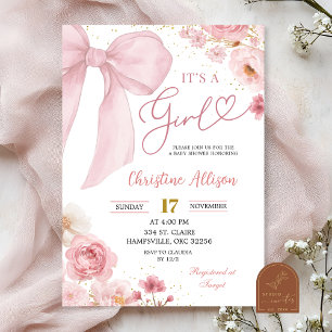 Baby Shower 'Es ist ein Mädchen' mit rosa Schleife Einladung