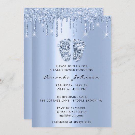 Baby Shower Feet Glitzer Baby Blue Tropfens Boy Gi Einladung (Vorne/Hinten)