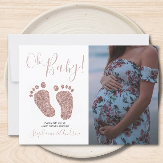Baby Shower Feet Glitzer Rose Gold Girl Foto Einladung