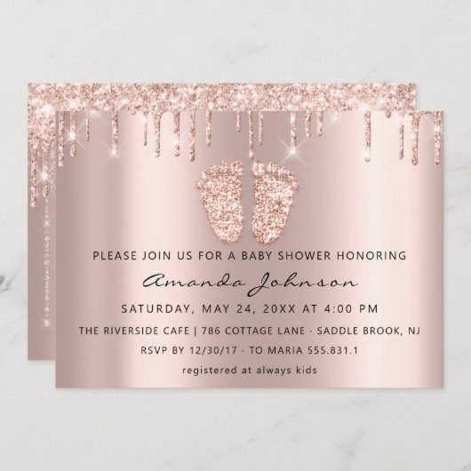 Baby Shower Feet Glitzer Rose Gold Tropfen Boy Gir Einladung (Vorne/Hinten)