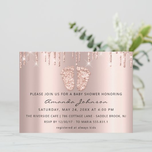 Baby Shower Feet Glitzer Rose Gold Tropfen Boy Gir Einladung (Stehend Vorderseite)
