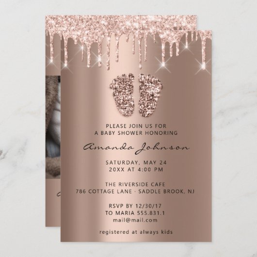 Baby Shower Feet Glitzer Rose Tropfen Foto Boy Gir Einladung (Vorne/Hinten)