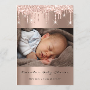 Baby Shower Feet Glitzer Rose Tropfen Foto Boy Gir Einladung