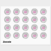 Baby Shower Feet Pink Name Tropfen Grau Glitzer Runder Aufkleber (Blatt)