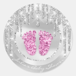 Baby Shower Feet Pink Name Tropfen Grau Glitzer Runder Aufkleber
