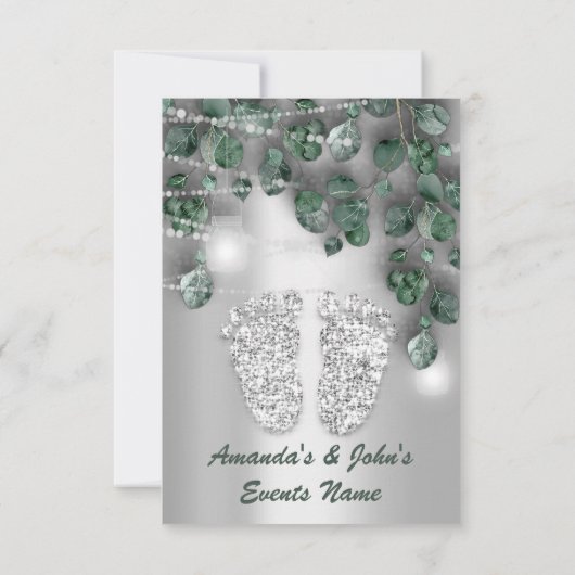 Baby SHOWER Feet Rustic Green Grey Girl Boy Einladung (Rückseite)