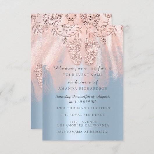 Baby Shower Feet Silver Girl Boy Royal Twins Einladung (Vorne/Hinten)