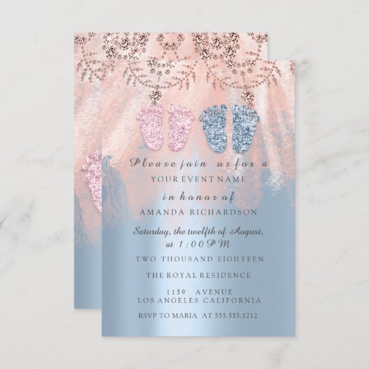 Baby Shower Feet Silver Girl Boy Royal Twins Glam Einladung (Vorne/Hinten)