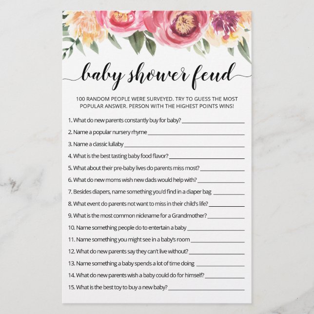 Baby Shower Feud Spiel mit Answers (Vorderseite)