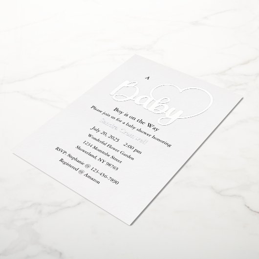 Baby Shower Foil Einladung, Script, Herz, Junge Folieneinladung (Gedreht)