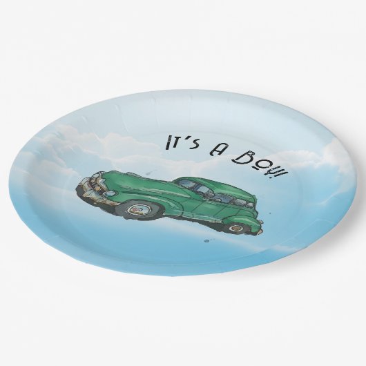 Baby shower for a boy, sedan pappteller (Schrägansicht)