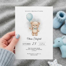 Baby Shower for Boy Blue Balloon, Teddy Bear & Bow Einladung