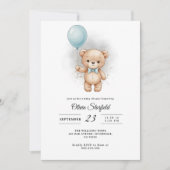 Baby Shower for Boy Blue Balloon, Teddy Bear & Bow Einladung (Vorderseite)
