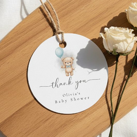 Baby Shower for Boy Blue Balloon, Teddy Bear & Bow Geschenkanhänger