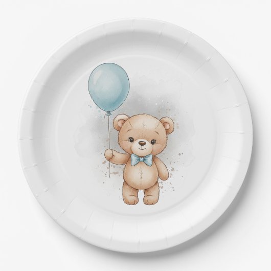 Baby Shower for Boy Blue Balloon , Teddy Bear Bow Pappteller (Vorderseite)