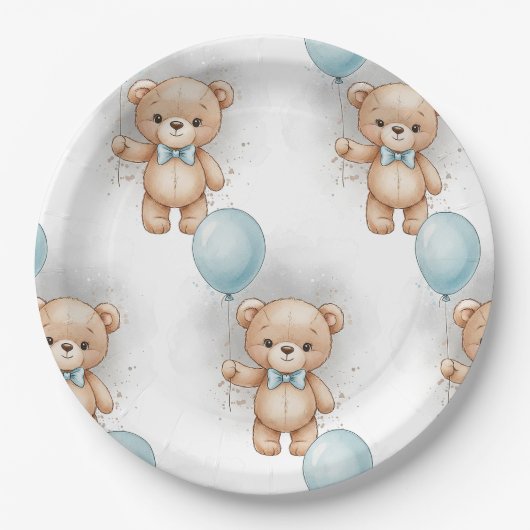 Baby Shower for Boy Blue Balloon , Teddy Bear Bow Pappteller (Vorderseite)