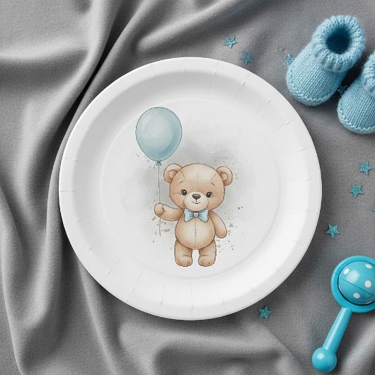 Baby Shower for Boy Blue Balloon , Teddy Bear Bow Pappteller