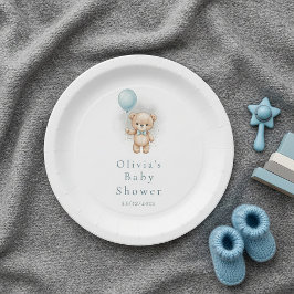Baby Shower for Boy Blue Balloon , Teddy Bear Bow Pappteller