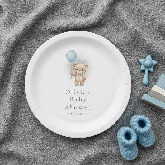 Baby Shower for Boy Blue Balloon , Teddy Bear Bow Pappteller