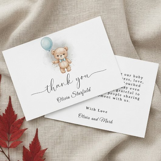 Baby Shower for Boy Blue Balloon Teddy Bear  Dankeskarte