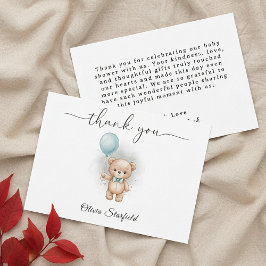 Baby Shower for Boy Blue Balloon Teddy Bear   Dankeskarte