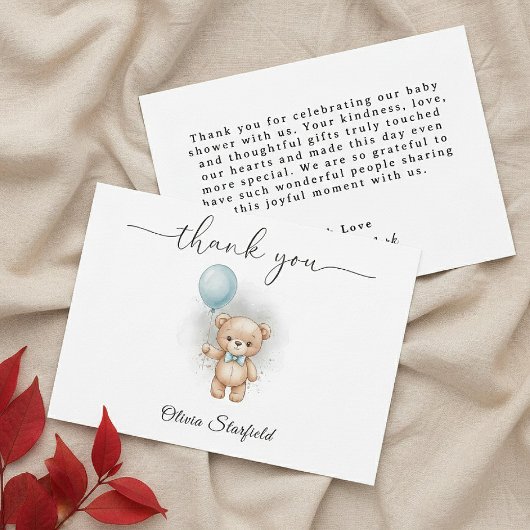 Baby Shower for Boy Blue Balloon Teddy Bear Dankeskarte