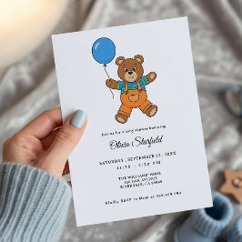 Baby Shower for Boy Blue Balloon Teddy Bear   Einladung