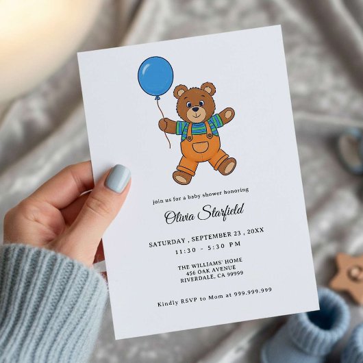Baby Shower for Boy Blue Balloon Teddy Bear   Einladung