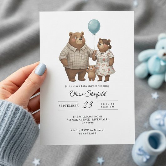 Baby Shower for Boy Blue Balloon, Teddy Bear  Einladung