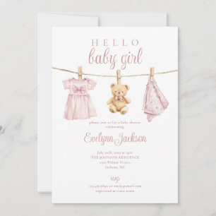Baby Shower Foto QR Code rosa Mädchenwäscheleine Einladung